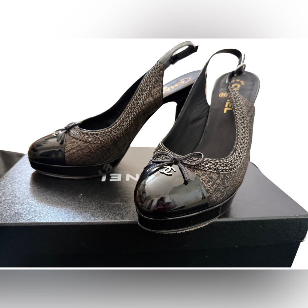 Chanel Black Cap Toe Slingback Pumps